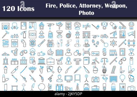 120 Symbole Von Feuer, Polizei, Anwalt, Waffe, Foto. Editierbare Fett Formatigte Kontur Mit Farbfüllungsdesign. Vektorgrafik. Stock Vektor