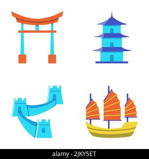 Chinesische traditionelle Symbole Symbol in flachem Stil gesetzt. Große Mauer von China, Pagode, Bogen und Trödelboot. Vektorgrafik. Stock Vektor