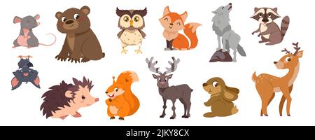Niedliche Waldtiere Kollektion. Wilder Bär, lustiges Eichhörnchen, lächelnder Fuchs und Eule, Igel, Hirsch. Artenvielfalt der Tierwelt. Set von Waldfiguren für Kinder Bücher Cartoon Vektor Illustration. Stock Vektor