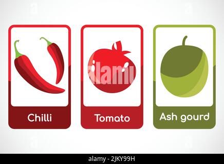 Gemüse-Karteikarten für Kinder. Pädagogische Karten für die Vorschule. Druckbare Vektorgrafik Stock Vektor