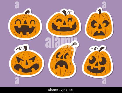 Halloween Kürbisse Sticker Kollektion. Lustige handgezeichnete Halloween Kürbisse Cliparts. Vektorgrafik. Set 2 von 2. Stock Vektor