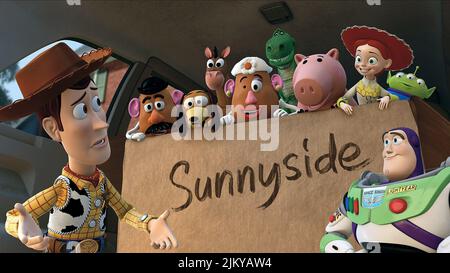 WOODY, KOPF, SLINKY, BULLSEYE, KOPF, REX, HAMM, JESSIE, ALIEN, LICHTJAHR, SPIELZEUGGESCHICHTE 3, 2010 Stockfoto