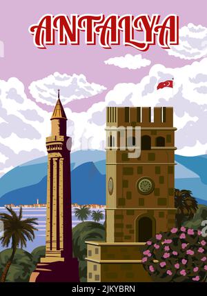 Antalya Retro-Wahrzeichen-Poster, Saat Kulesi Military Clock Tower, Turkey Resort. Vintage touristische Reise Postkarte, Plakat, Vektor Stock Vektor