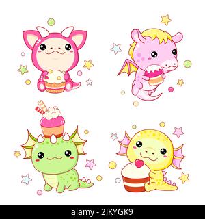 Set von Kawaii Märchen-Figuren. Kleiner Drache mit Cupcake. Sammlung von lustigen glücklichen Babydrachen mit Muffins. Niedliche Märchenkollektion. Vecto Stock Vektor