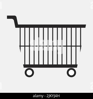 Schwarzer Metall-Shopping-Trolley im modernen flachen Stil. Ausrüstung kaufen. Vertikale Streifen auf dem Korb. Linearer Stil. Seitenansicht. Schnelle Lieferung Vorlage für Mob Stock Vektor