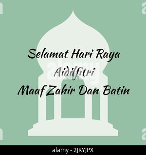 Illustration einer Moschee-Ikone mit Text Selamat Hari Raya Aidilfitri Maaf Zahir Dan Batin (in malaiisch). Stockfoto