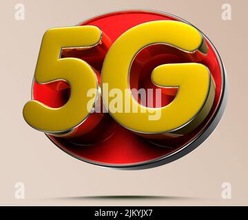 5G 3D Illustration auf hellem cremefarbenen Hintergrund haben Arbeitspfad.Werbeschilder. Produktdesign. Produktverkäufe. Stockfoto