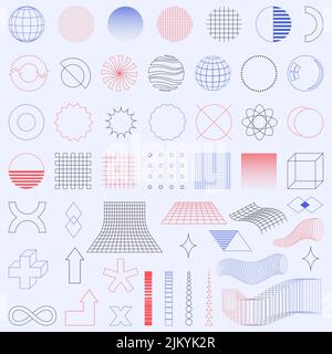 Eine Reihe von trendigen, minimalistischen linearen Symbolen und Formen für Webdesign, Poster, Kleidung und Covers. Universelle Elemente im Vaporwave- und Brutalismus-Stil. Re Stock Vektor