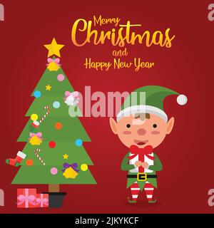Ein Weihnachtskarte-Design mit niedlichen Elfen in der Nähe eines Weihnachtsbaums auf dem Hintergrund Stock Vektor