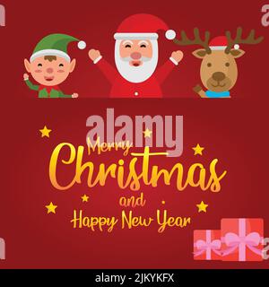 Ein Weihnachtskarten-Design mit niedlichen Figuren auf rotem Hintergrund Stock Vektor