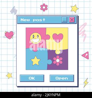 Vorlage für soziale Netzwerke mit einem Fenster über einen neuen Beitrag. Ästhetik eines alten Computers. Vintage UI Design Elemente und Aufkleber.Retro 90s Benutzer inte Stock Vektor