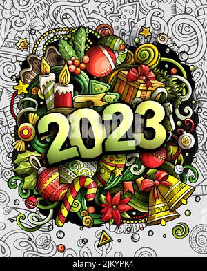 2023 Kritzeleien Illustration. Neujahrs-Objekte und Elemente-Poster Stock Vektor
