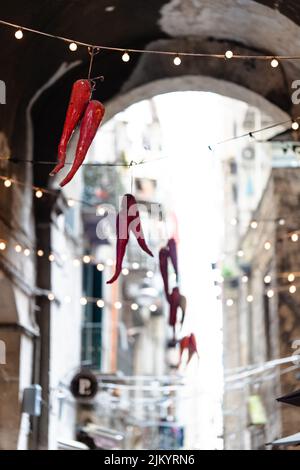 Eine vertikale Aufnahme getrockneter Chilischoten, die in einer Gasse in Neapel, Italien, an einem Fadenlicht hängen Stockfoto