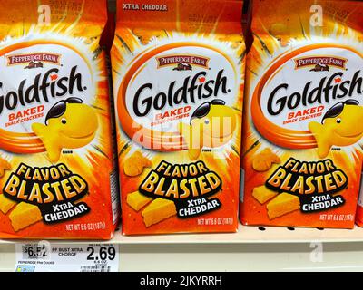 Grovetown, GA USA - 04 20 22: Pepperidge Farms Goldfischcracker auf dem Preisschild des Einzelhandelsgeschäften Stockfoto