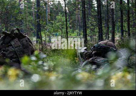 Ein US-Soldat mit 4. Squadron, 10. Kavallerie-Regiment, 3. Panzerbrigade-Kampfteam, 4. Infanterie-Division, beobachtet während einer gemeinsamen Übung, bei der finnische Soldaten, US-Soldaten und britische Soldaten, die dem 2. Bataillon, Gewehre-Regiment, in Niinisalo, Finnland, zugewiesen wurden, eine Straße von einem Beobachtungsposten aus, während Vigilant Fox, eine gemeinsame Übung, einschließlich finnischer Soldaten, 28. 2022. Der 3/4. ABCT ist unter anderem der 1. Infanterie-Division zugeordnet und arbeitet stolz mit NATO-Verbündeten und regionalen Sicherheitspartnern zusammen, um dem V Corps, Amerikas vorwärts entsandt Korps in Europa, kampfglaubwürdige Streitkräfte zur Verfügung zu stellen. (USA Armeefoto von Capt Stockfoto