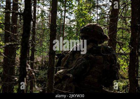 Ein US-Soldat mit 4. Squadron, 10. Kavallerie-Regiment, 3. Panzerbrigade-Kampfteam, 4. Infanterie-Division, bewegt sich durch den Wald, um während des Wachsamkeit-Fox einen Beobachtungsposten einzurichten, eine gemeinsame Übung mit finnischen Soldaten, US-Soldaten, Und britische Soldaten, die dem Bataillon 2., Gewehre-Regiment, in Niinisalo, Finnland, zugewiesen wurden, Juli 28, 2022. Der 3/4. ABCT ist unter anderem der 1. Infanterie-Division zugeordnet und arbeitet stolz mit NATO-Verbündeten und regionalen Sicherheitspartnern zusammen, um dem V Corps, Amerikas vorwärts entsandt Korps in Europa, kampfglaubwürdige Streitkräfte zur Verfügung zu stellen. (USA Armee Stockfoto