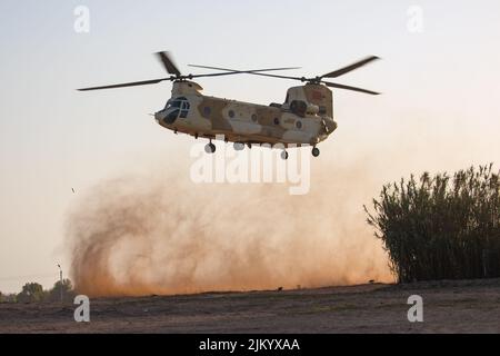 Ein Marokkaner C130J bereitet sich auf die Landung vor, während er in Tifnit, Marokko, während des African Lion 22, 27. Juni 2022, trainiert. African Lion 22 ist die größte, führende, gemeinsame, kombinierte jährliche Übung des US-Afrikanischen Kommandos, die vom 6. Bis 30. Juni von Marokko, Ghana, Senegal und Tunesien veranstaltet wird. Mehr als 7.500 Teilnehmer aus 28 Nationen und der NATO trainieren zusammen mit dem Fokus auf die Verbesserung der Bereitschaft für US- und Partnernationskräfte. AL22 ist eine gemeinsame, bereichsübergreifende, mehrkomponentige und multinationale Übung, die eine ganze Reihe von Missionsfähigkeiten einsetzt, mit dem Ziel, die Interoperabilität unter den Teilnehmern zu stärken und die festzulegen Stockfoto