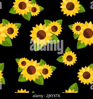 Nahtloses Muster mit Sonnenblumen auf schwarzem Hintergrund. Stock Vektor