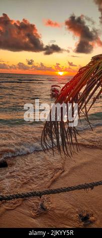Eine vertikale Aufnahme eines Strandes bei einem wunderschönen, lebhaften Sonnenuntergang Stockfoto