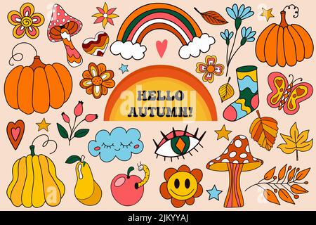 Retro 70s Herbststimmung, Hippie-Aufkleber, psychedelisch groovige Elemente. Cartoon funky Herbstblätter, Pilze, Kürbisse, Ernte vintage Hippie-Stil Stock Vektor