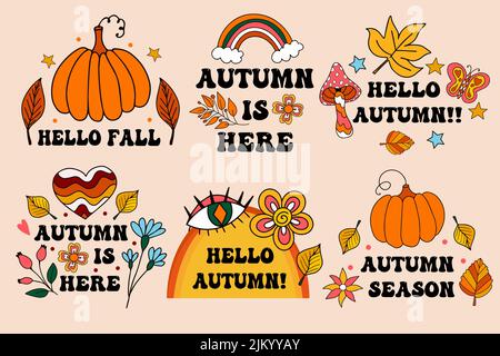 Retro 70s Karte mit 'Hello Autumn'. Herbst- und Ernteschriftzug für Postkarten und Poster. Vektorgrafik Stock Vektor