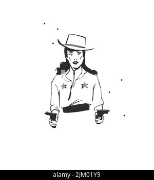 Handgezeichnete abstrakte Vektor Grafik Cliparts Illustration boho Cowgirl im Hut Porträt mit Waffen.Western weibliche Design.Bohemian wilden Westen zeitgenössischen Stock Vektor