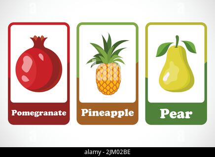 Obst-Karteikarten für Kinder. Pädagogische Karten für die Vorschule. Druckbare Vektorgrafik Stock Vektor