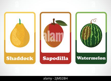 Obst-Karteikarten für Kinder. Pädagogische Karten für die Vorschule. Druckbare Vektorgrafik Stock Vektor