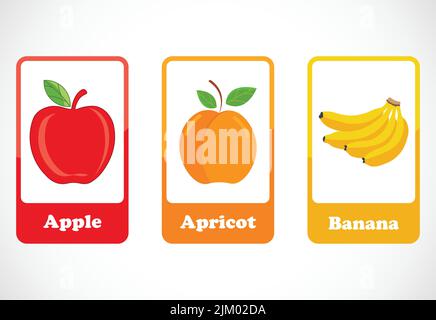 Obst-Karteikarten für Kinder. Pädagogische Karten für die Vorschule. Druckbare Vektorgrafik Stock Vektor