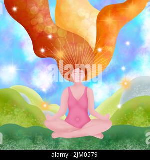 Handgezeichnete Illsutration einer sitzenden fittenden Frau in Yoga-Lotushaltung in der Naturlandschaft. Wellness-Konzept für das geistige Gleichgewicht, Meditation, meditierende Frau mit Elementen des Sonnensternen-Universums, Fitness-Entspannung Stockfoto