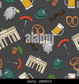 Nahtloses Muster handgezeichneter Doodle Satz von Deutschland-Ikonen. Vektorgrafik. Cartoon deutsche Wahrzeichen. Skizzenhafte Reiseelemente für Europa. Stock Vektor