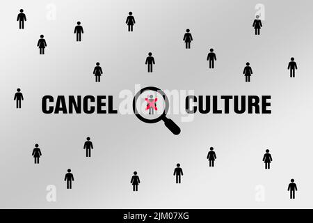 Eine digitale Illustration mit schwarzen menschlichen Symbolen und einem Text auf grauem Hintergrund. Kultur abbrechen. Stockfoto