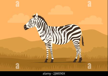 Gestreiftes Zebra auf dem Hintergrund der wilden Savanne. Pflanzenfressende hufe Säugetiere. Afrikanisches Wildtier. Fauna und Zoologie. Cartoon-Vektorgrafik Stock Vektor