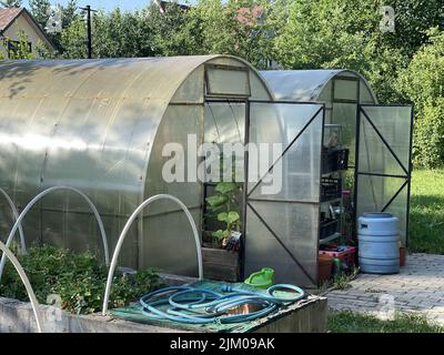 Sämlinge, Gurken, ein Erdbeerbett, ein Fass Wasser. Ein Gewächshaus von 5 Metern aus Polycarbonat. Amnestie der Datscha. Stockfoto