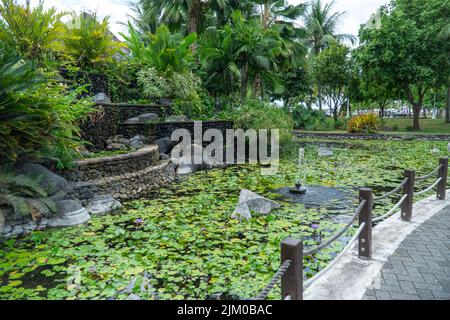 Ein Teich, der mit Seerosen bedeckt ist, auf der Insel Tahiti, Französisch-Polynesien Stockfoto