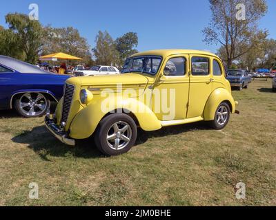 Chascomus, Argentinien - 9. Apr 2022: Alte gelbe Morris Ten Series M Viertürer-Limousine 1938 - 1948 auf dem Land. Grüne Natur Gras und Bäume hinten Stockfoto