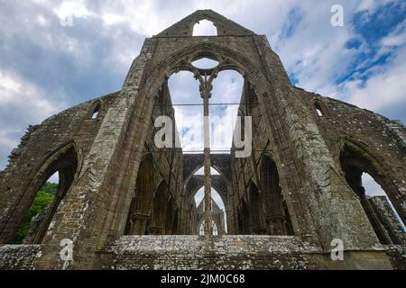 Ein Blick auf die leeren Fensterrahmen aus Buntglas an einem trüben, launischen Nachmittag. Bei Tintern Abby in der Nähe von Chepstow, Wales, Großbritannien. Stockfoto