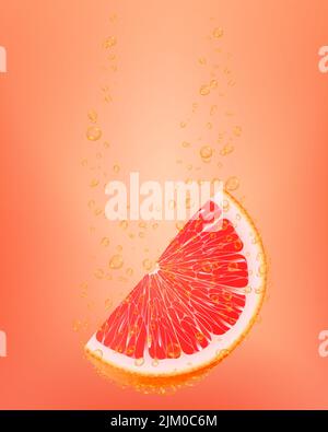 Grapefruitfrucht in Wasser fallen lassen. 3D realistische Vektordarstellung. Design-Elemente der Verpackung. Saftige Werbung Schnitt Zitrus. Cocktail, Saft. Stock Vektor