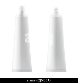 Ein Satz leerer Zahnpasta-Röhrchen. Offene und geschlossene Röhrchen. Modell aus weißen Röhren, isoliert auf weißem Hintergrund. Realistische 3D-Vektor-Illustration. Stock Vektor