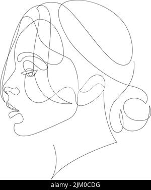 Gesichtslinie Frau Kunst. Minimal Frau Porträt mit Brötchen. Darstellung von modischen Vektorlinien. Eine Linie zeichnen Stock Vektor