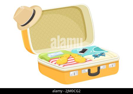 Offener Reisekoffer voller Dinge für den Sommerurlaub. Flaches Design. Vektordarstellung auf weißem Hintergrund isoliert Stock Vektor