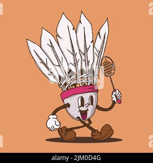 Walking Federball Maskottchen Vektor-Illustration mit Gesicht. Für vintage Retro-Logos und Branding. Funky Vintage-Stil Cartoon Gesicht Vektor-Illustration Stock Vektor