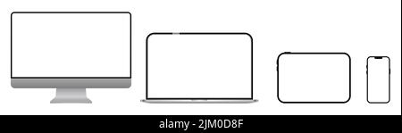 Realistischer Satz von Monitor, Laptop, Tablet, Smartphone. Intelligente Geräte mit weißem Bildschirm. Vektorgrafik Stock Vektor