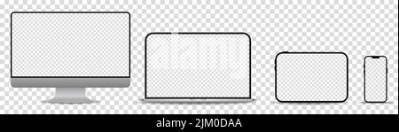 Realistischer Satz von Medien-Gadgets mit transparentem Bildschirm. Monitor, Laptop, Tablet und Smartphone. Vektordarstellung auf transparentem Hintergrund isoliert Stock Vektor