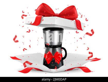 Kaffeemaschine mit Filterkaffee, rotem Band und Schleife in offener Geschenkbox. Geschenkkonzept. Küchengeräte. Isolierte 3D-Vektor-Illustration. 3D Rendern. Stock Vektor