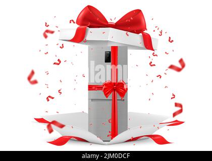 Kühlschrank aus Edelstahl mit rotem Band und Schleife in offener Geschenkbox. Geschenkkonzept. Küchengeräte. Isolierte 3D-Vektor-Illustration. 3D rende Stock Vektor