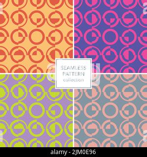 Geometrische Kreise und Ringe Muster. Wechseln Sie Kacheln mit verschiebbaren Effekten von Formen. Set mit 4 bunten Designs. Gitterdesign. Stock Vektor