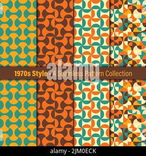 Set mit 4 bunten und geometrischen Mustern. 1970s-Design. Geometrische Zeichnung. Auffällige Farben. Vintage-Farbgebung. Stock Vektor