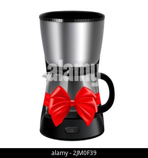 Kaffeemaschine mit Filterkaffee, rotem Band und Schleife. 3D Rendern. Geschenkkonzept. Realistische Vektordarstellung isoliert auf weißem Hintergrund Stock Vektor