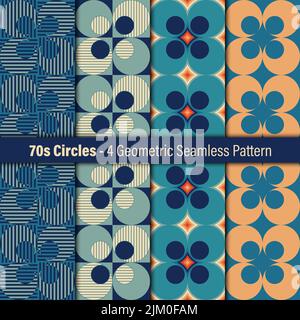 Verleihen Sie Ihren Designs mit dem 70s Circle Set einen Retro-Touch! 4 nicht konzentrische Kreisformen, fett blau und orange. Inspiriert vom Style der 70s. Lebendig und einzigartig. Stock Vektor